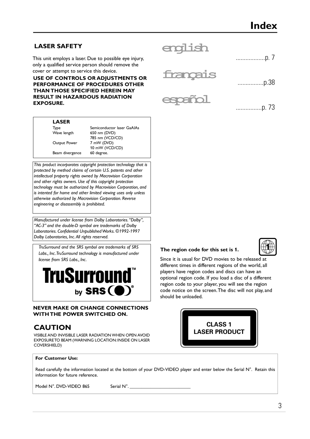 Philips DVD865 manual Index, Region code for this set is 