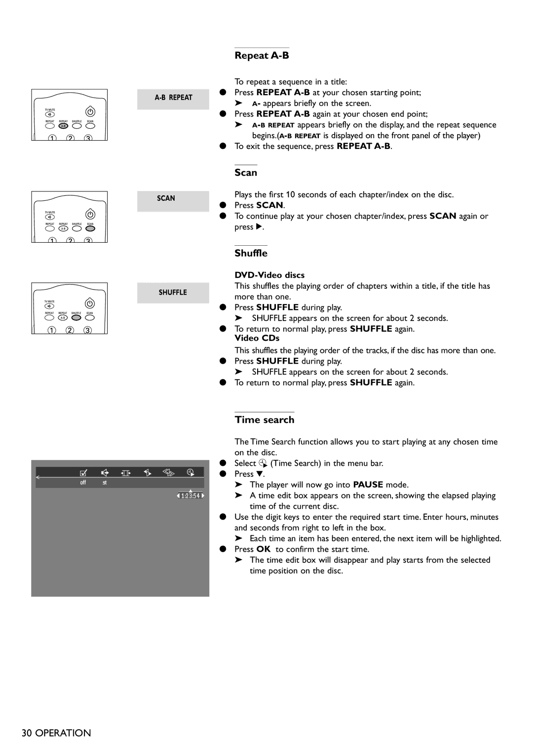 Philips DVD865 manual Repeat A-B, Scan, Shuffle, Time search 