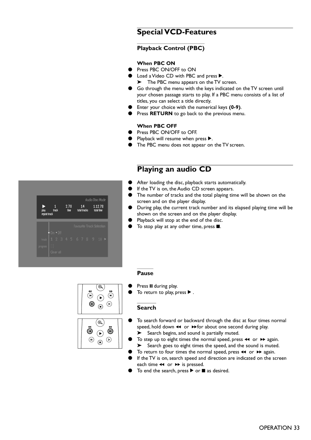 Philips DVD865 manual Special VCD-Features, Playing an audio CD, Playback Control PBC, Pause 