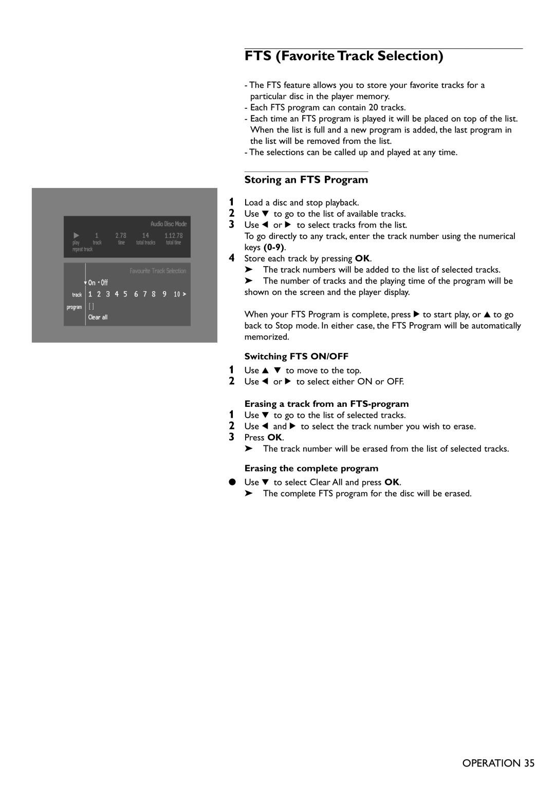 Philips DVD865 FTS Favorite Track Selection, Storing an FTS Program, Switching FTS ON/OFF, Erasing the complete program 