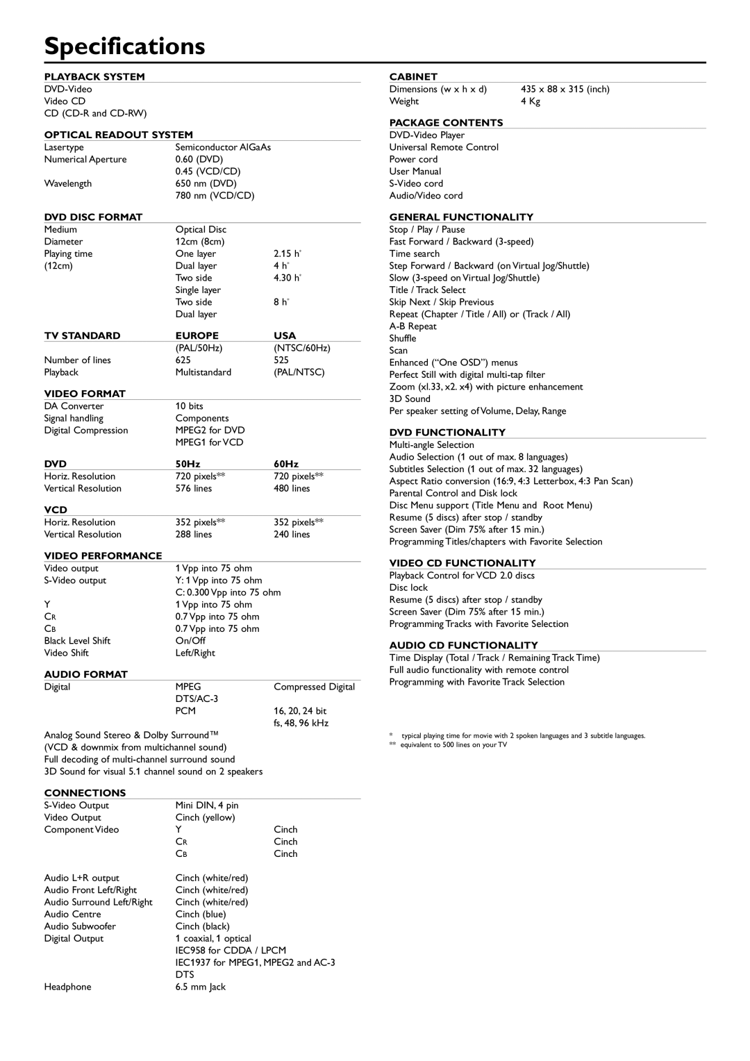 Philips DVD865 manual Specifications, Optical Readout System 