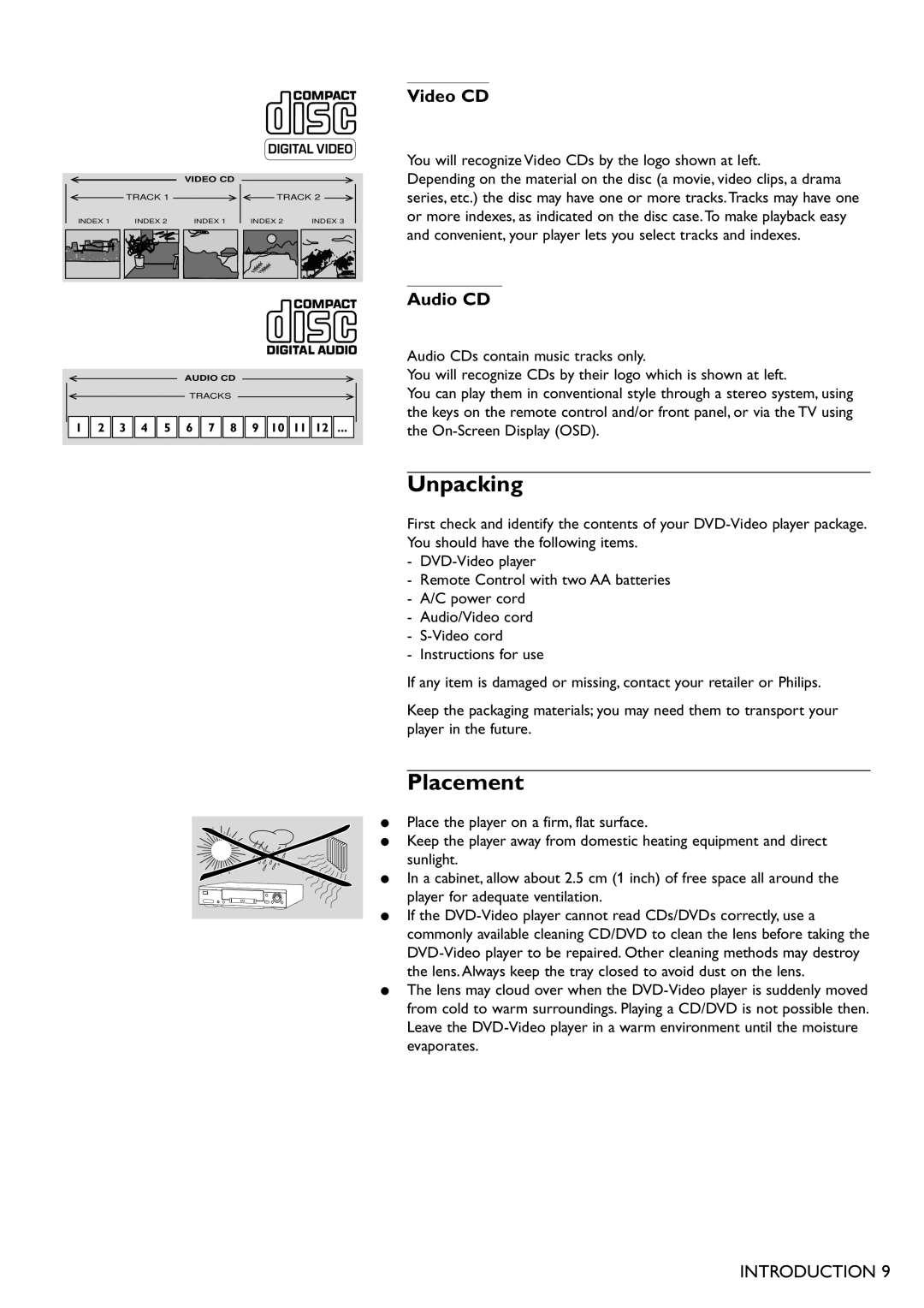 Philips DVD865 manual Unpacking, Placement, Video CD, Audio CD 