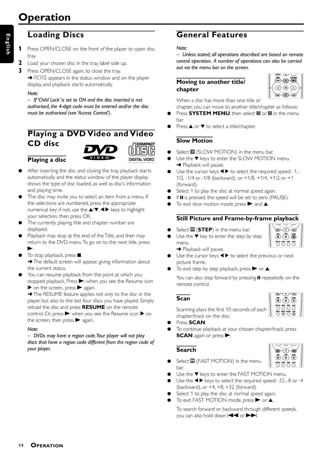 Philips DVD870P, DVD870L owner manual Operation, Loading Discs, General Features, Playing a DVD Video and Video CD disc 