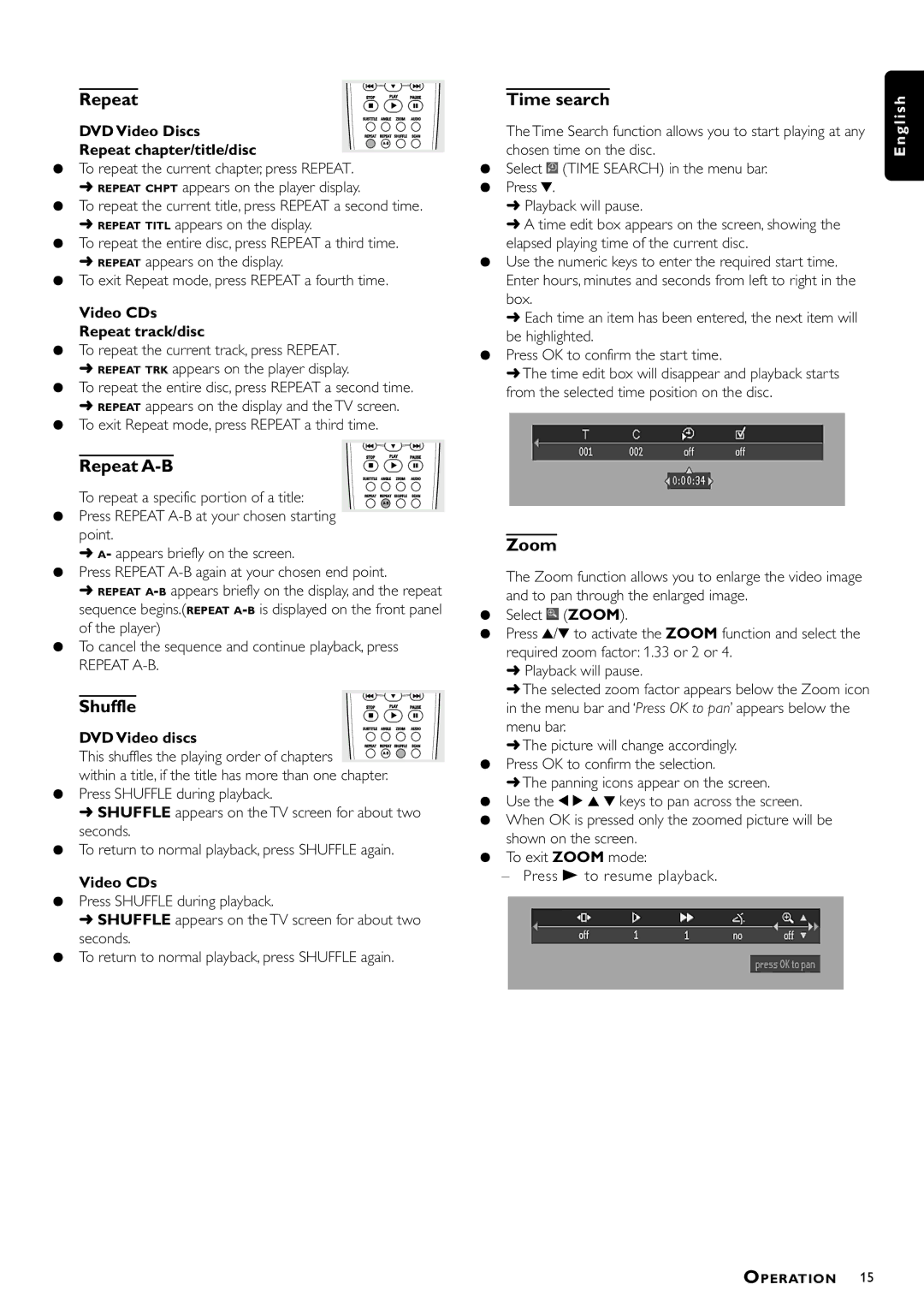 Philips DVD870L, DVD870P owner manual Repeat A-B, Shuffle, Zoom 