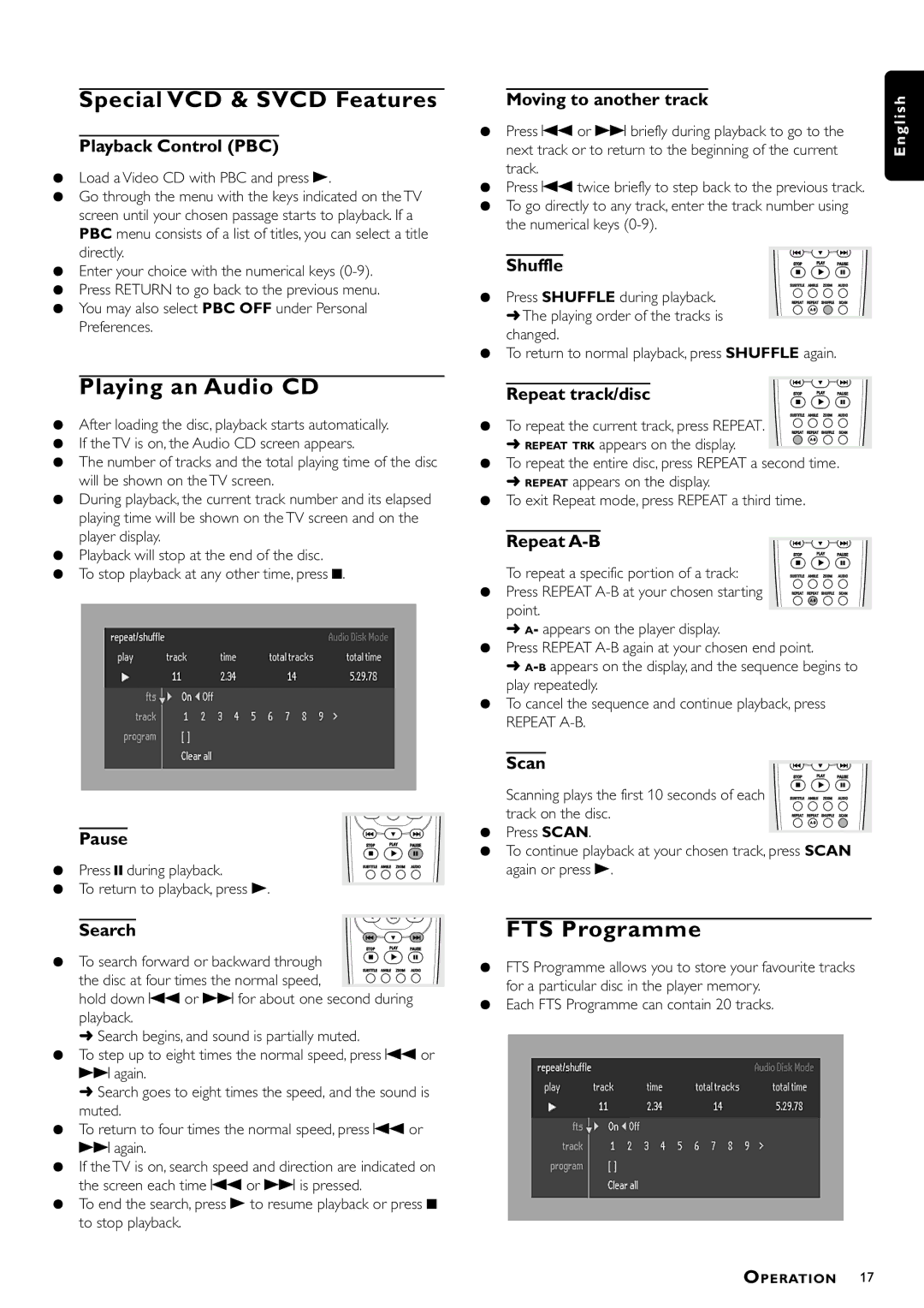 Philips DVD870P, DVD870L owner manual Special VCD & Svcd Features, Playing an Audio CD, FTS Programme 