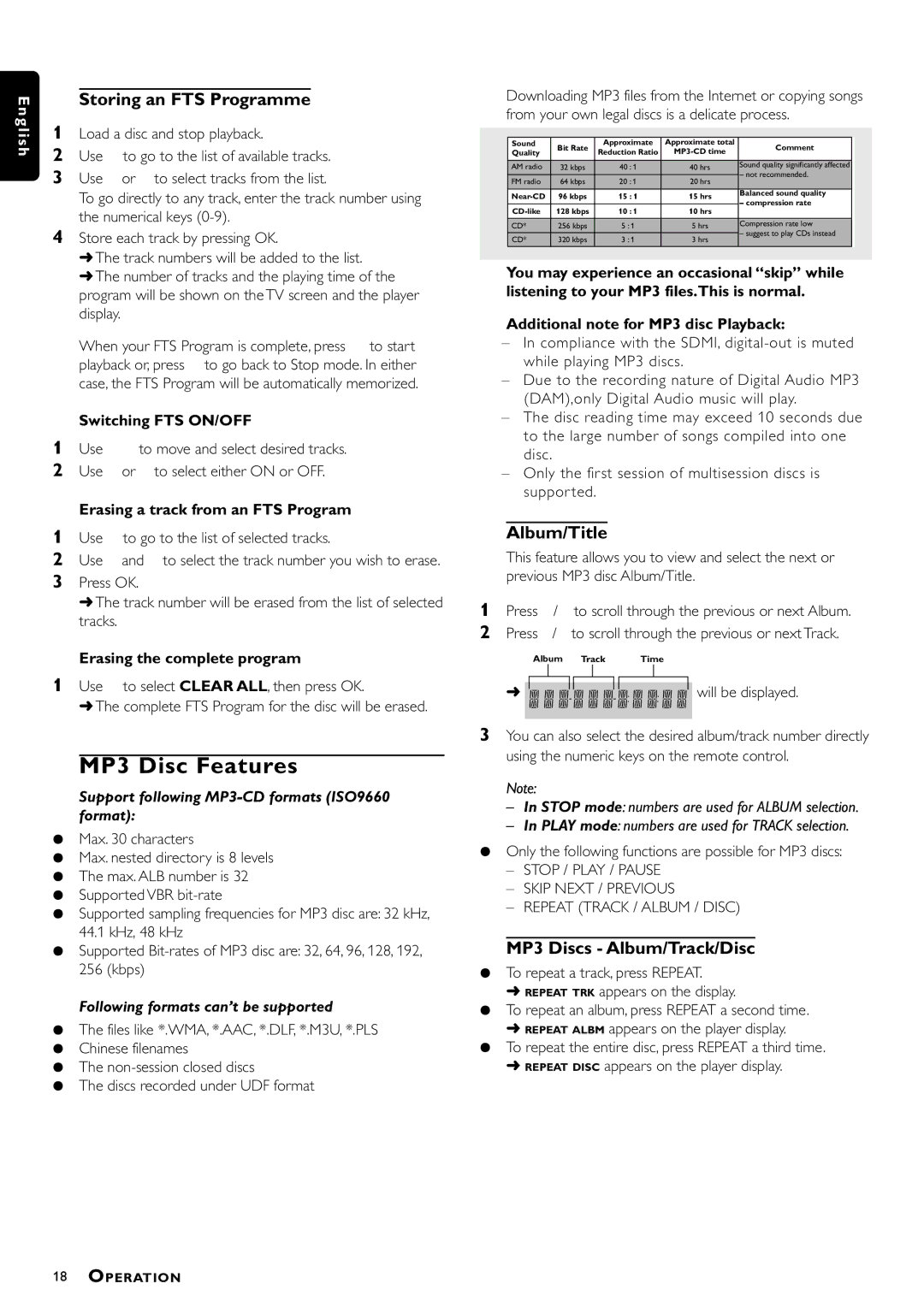 Philips DVD870L, DVD870P MP3 Disc Features, Storing an FTS Programme, Album/Title, MP3 Discs Album/Track/Disc 