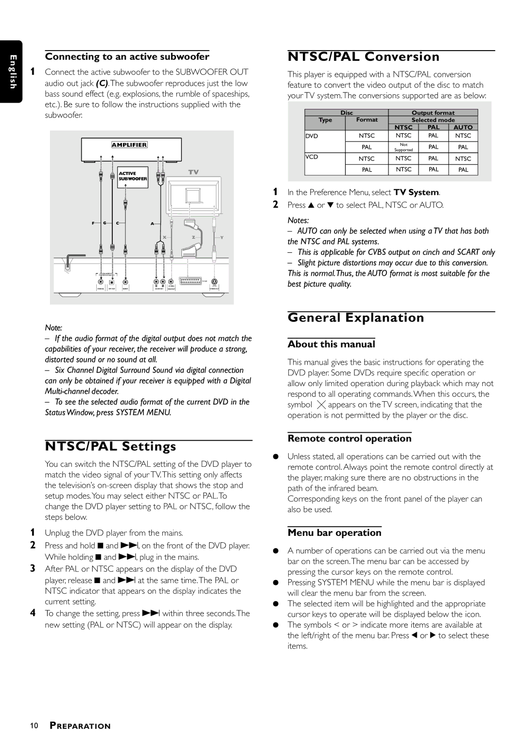 Philips DVD870P/021 owner manual NTSC/PAL Conversion, General Explanation, NTSC/PAL Settings 