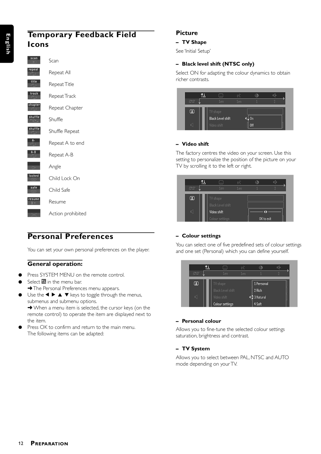 Philips DVD870P/021 owner manual Temporary Feedback Field, Icons, Personal Preferences, General operation 