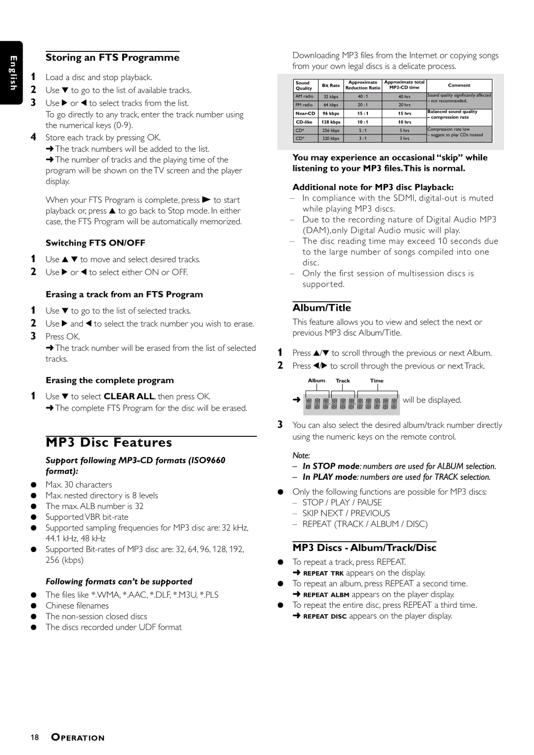 Philips DVD870P/021 owner manual MP3 Disc Features, Storing an FTS Programme, Album/Title, MP3 Discs Album/Track/Disc 