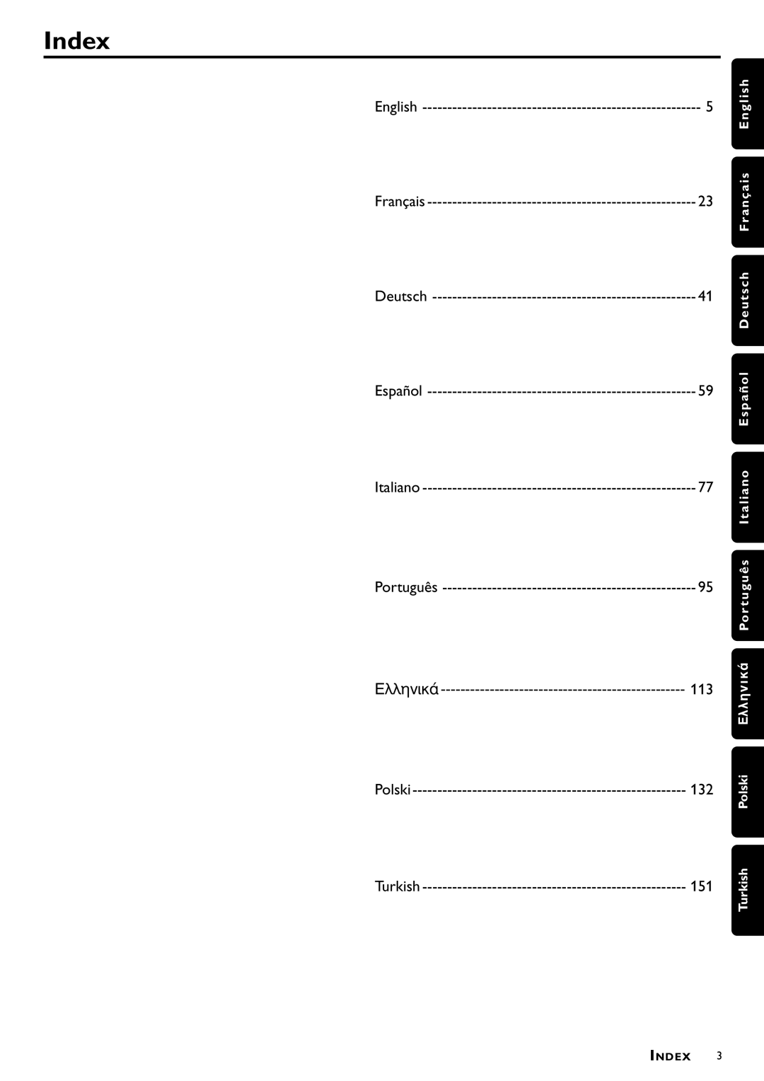 Philips DVD870P/021 owner manual Index, English Français Deutsch Español Italiano Português 