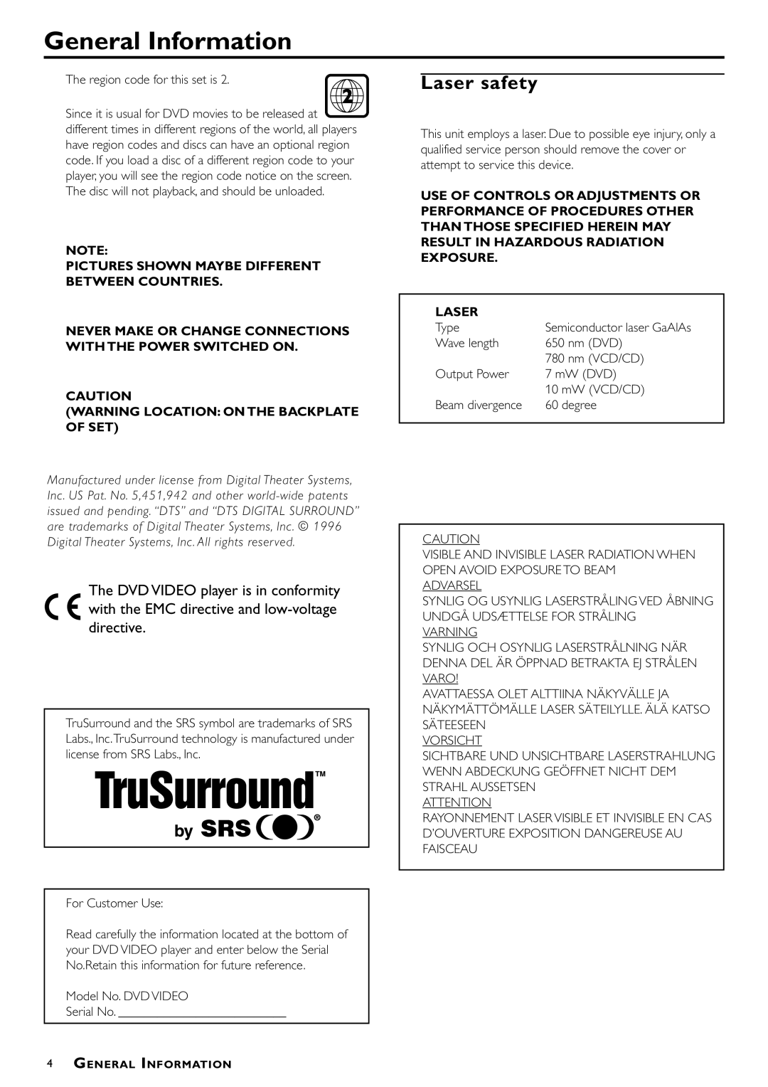 Philips DVD870P/021 General Information, Laser safety, Region code for this set is, Model No. DVD Video Serial No 