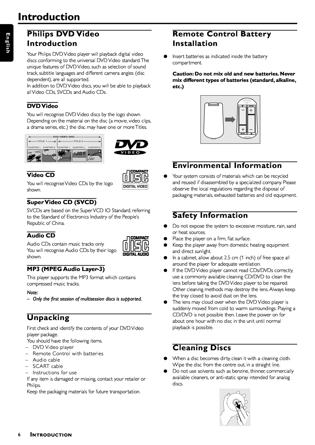 Philips DVD870P/021 Philips DVD Video Introduction, Remote Control Battery Installation, Environmental Information 