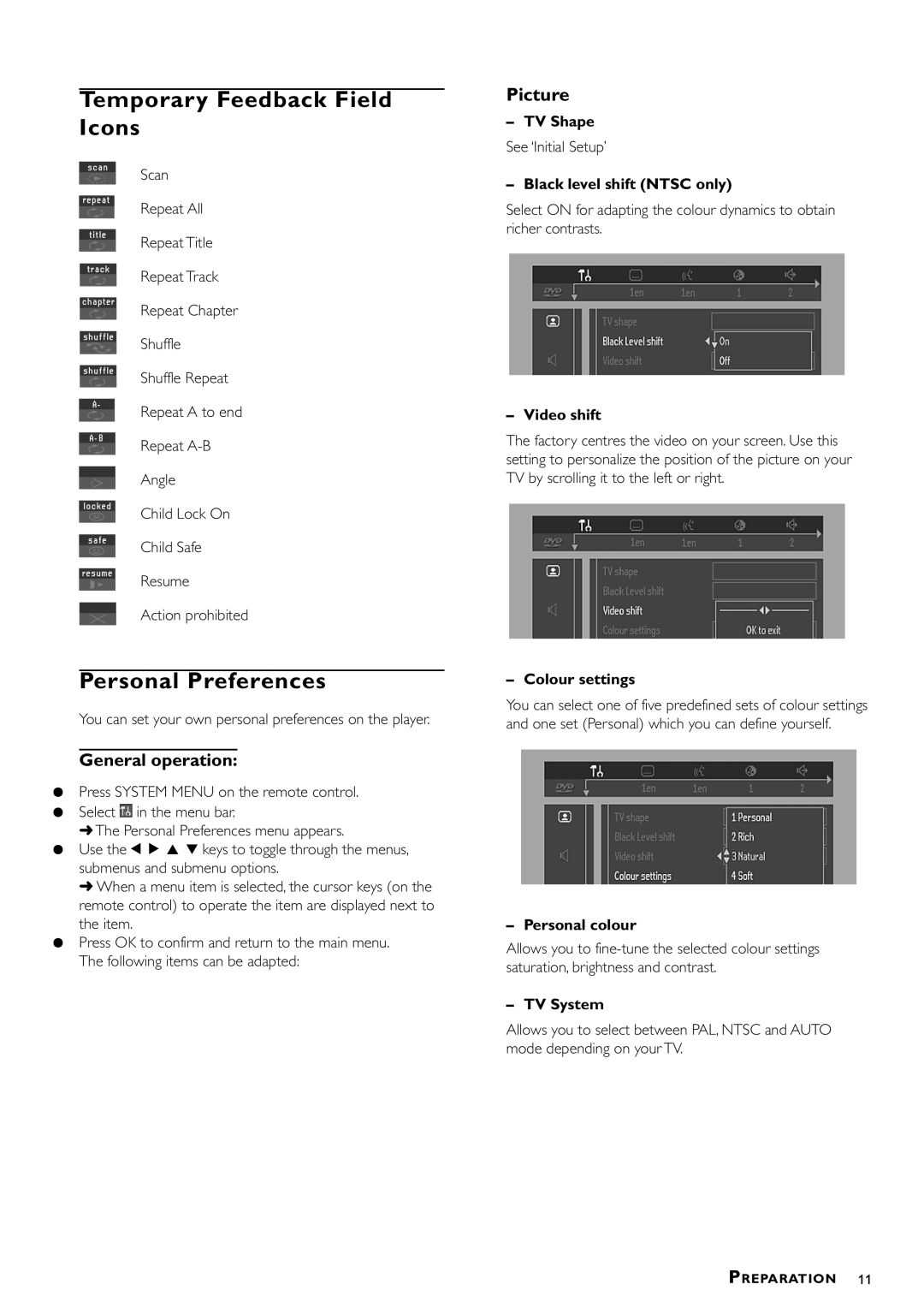 Philips DVD870P/051 owner manual Temporary Feedback Field Icons, Personal Preferences, General operation 