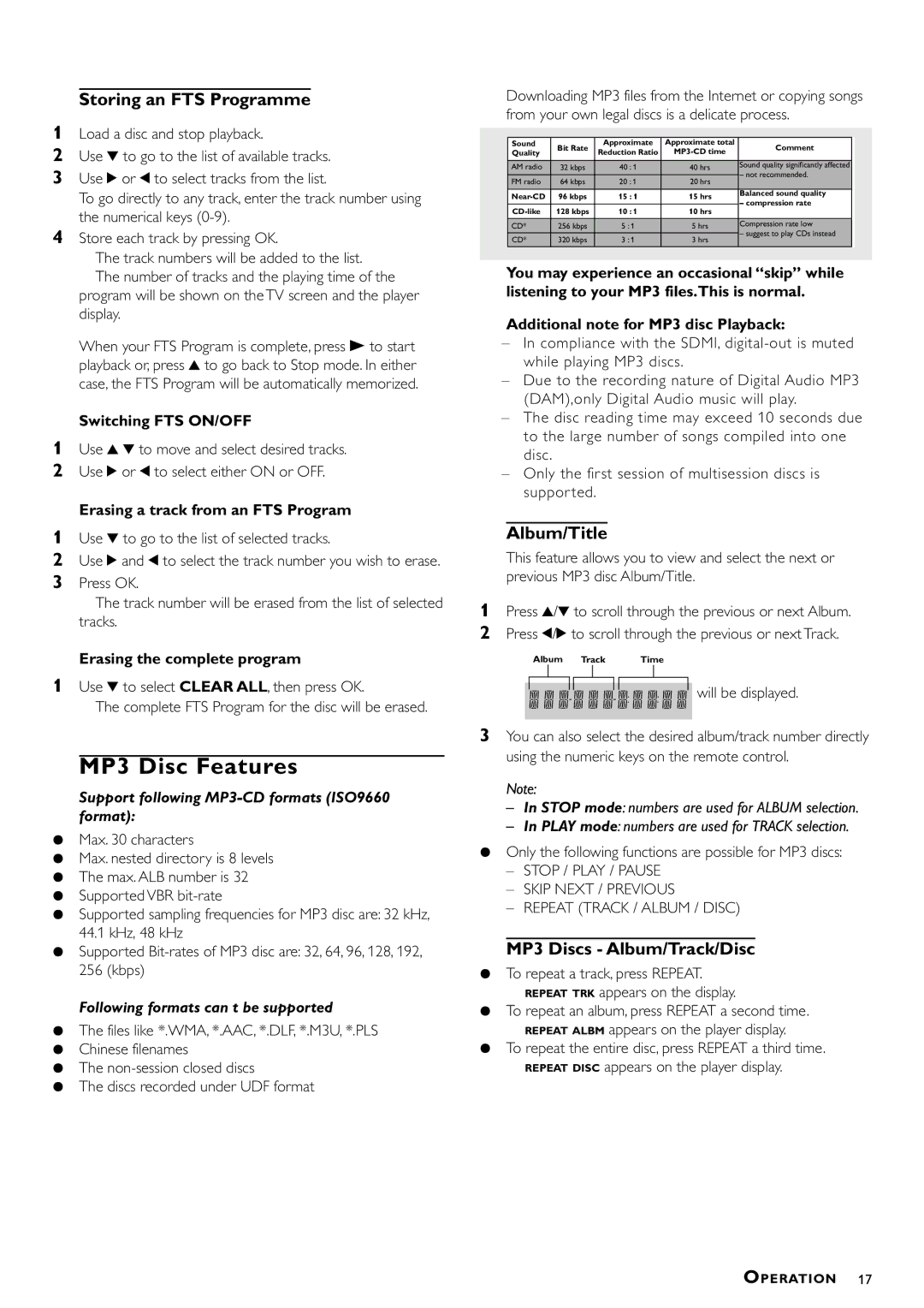 Philips DVD870P/051 owner manual MP3 Disc Features, Storing an FTS Programme, Album/Title, MP3 Discs Album/Track/Disc 