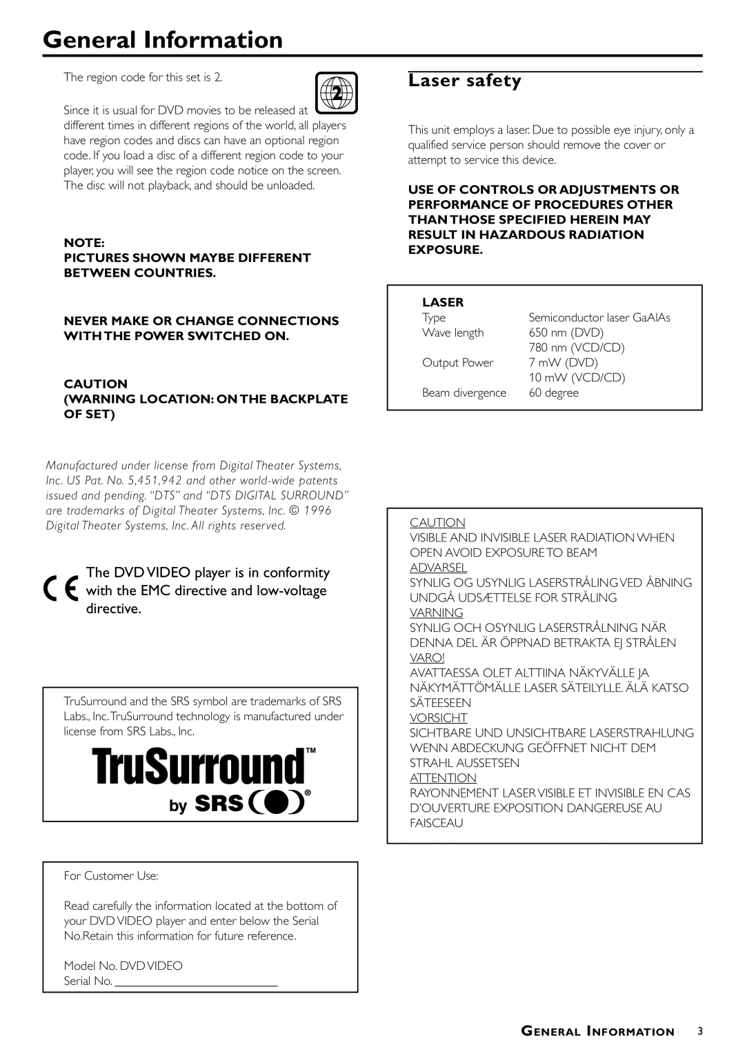 Philips DVD870P/051 owner manual General Information, Laser safety 