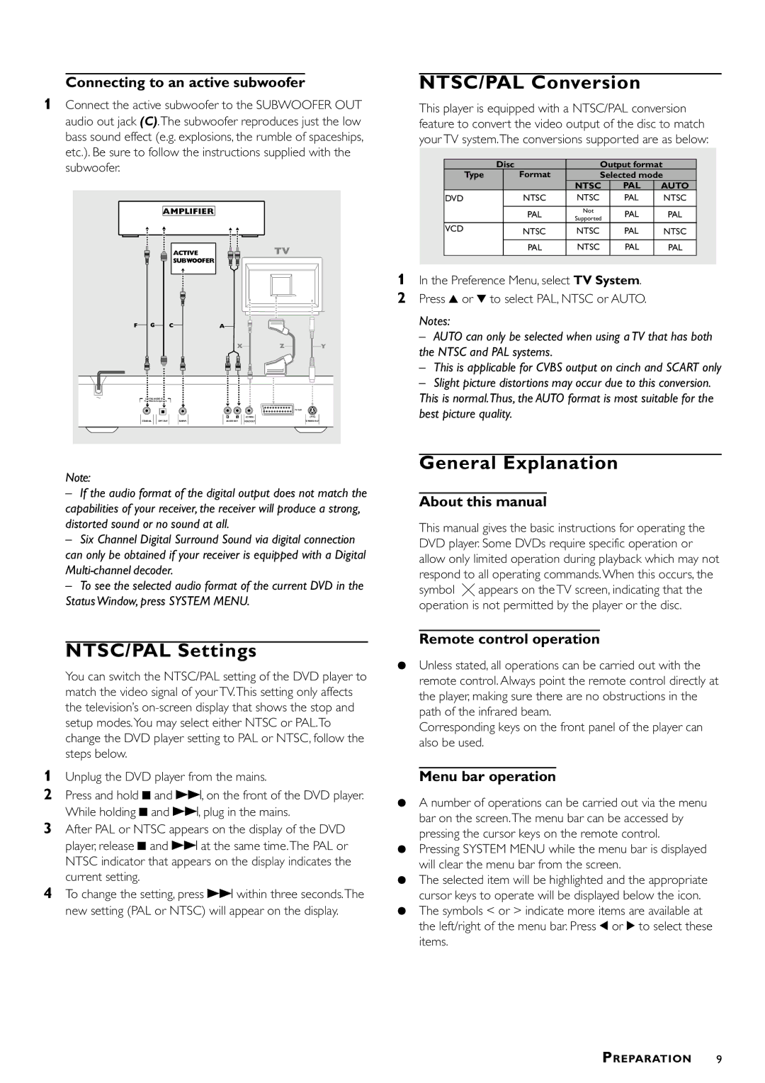 Philips DVD870P/051 owner manual NTSC/PAL Conversion, General Explanation, NTSC/PAL Settings 