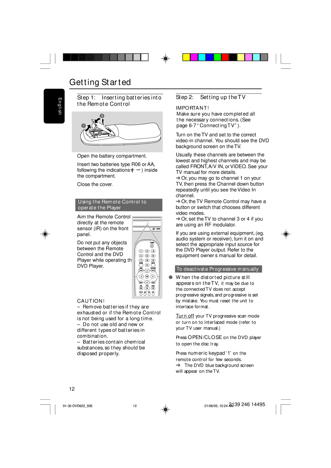 Philips DVD935, DVD622/93 user manual Getting Started, Inserting batteries into the Remote Control, Setting up the TV 