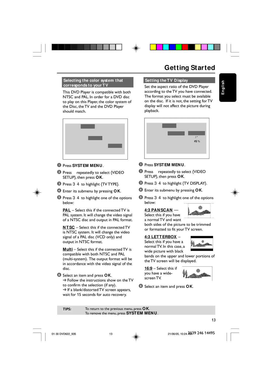 Philips DVD622/93 Selecting the color system that corresponds to your TV, Setting the TV Display, Press System Menu 