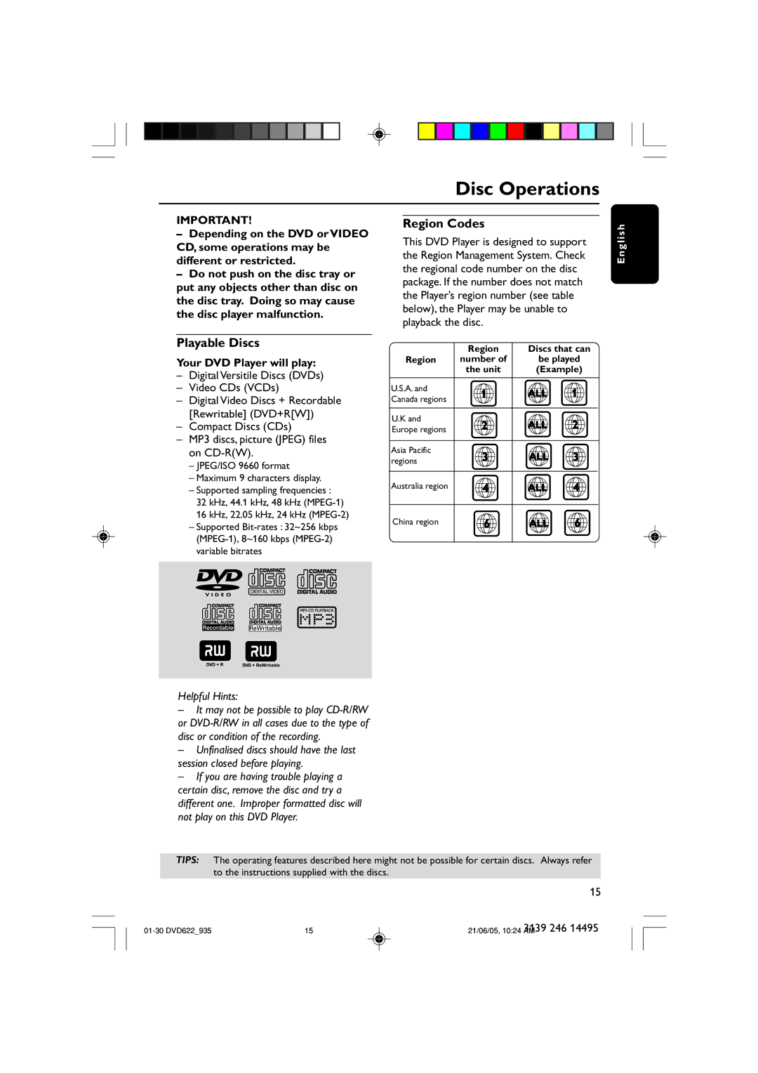 Philips DVD622/93, DVD935 user manual Disc Operations, Playable Discs, Region Codes, Your DVD Player will play 