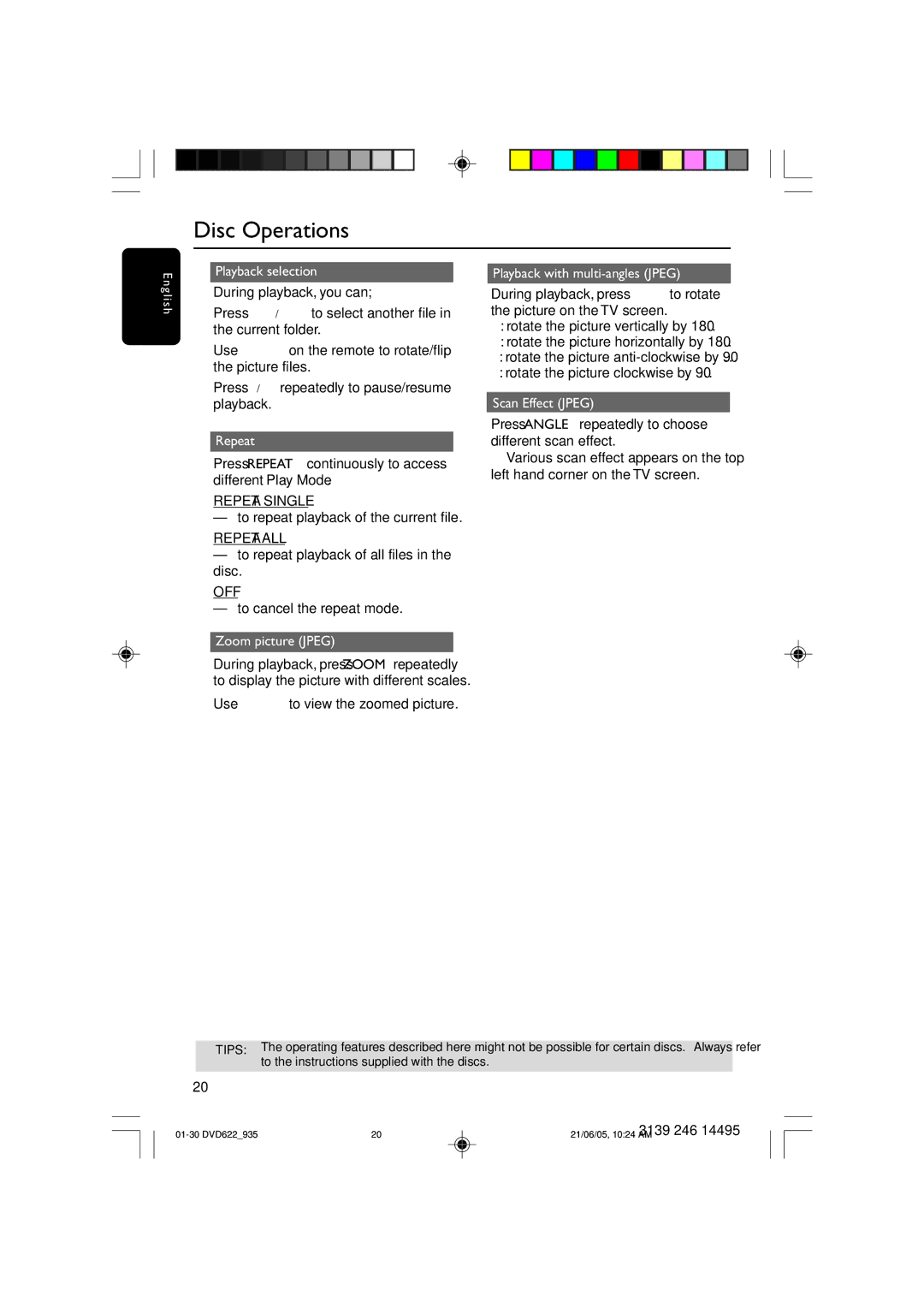 Philips DVD935, DVD622/93 Playback selection, Repeat, Zoom picture Jpeg, Playback with multi-angles Jpeg, Scan Effect Jpeg 