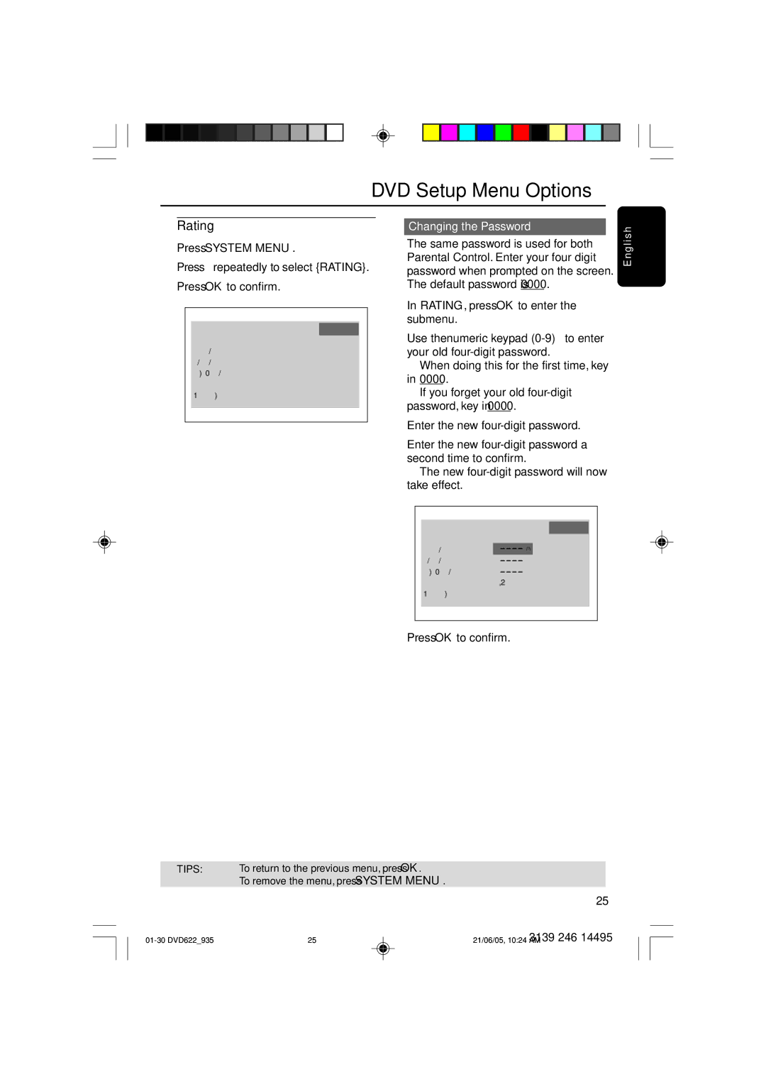 Philips DVD622/93, DVD935 user manual Rating, Changing the Password 