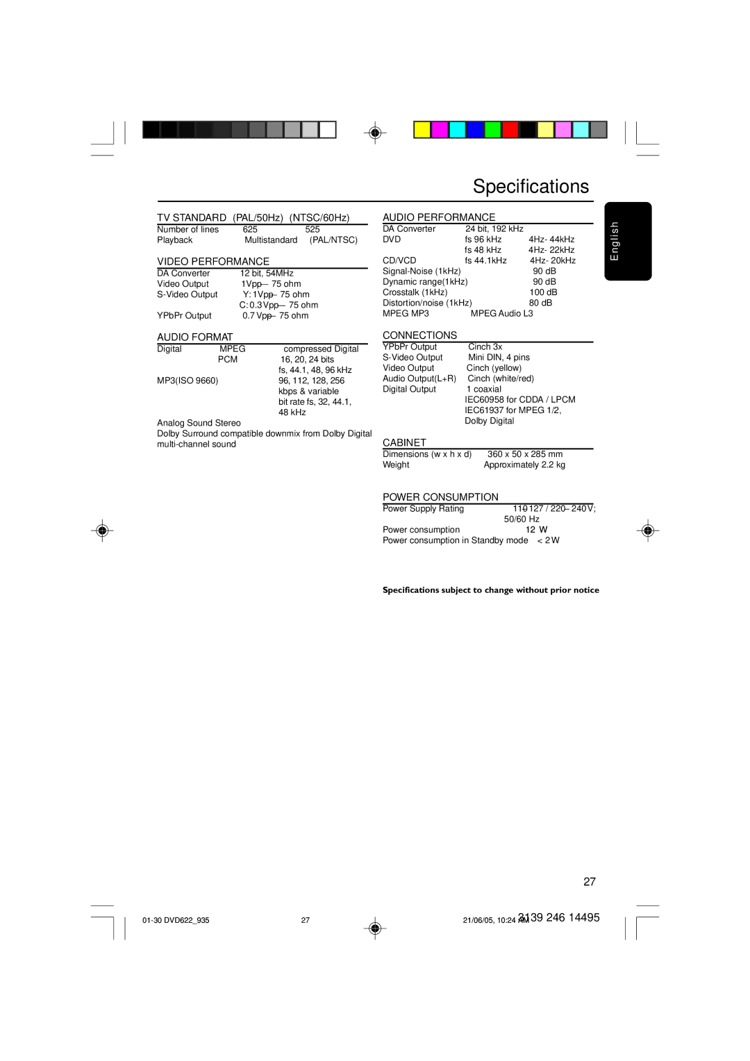 Philips DVD622/93, DVD935 user manual Specifications, Audio Format 