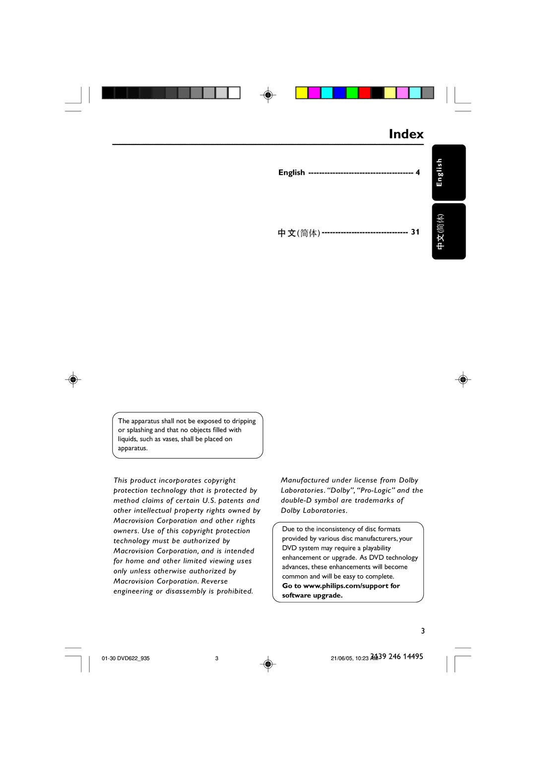 Philips DVD622/93, DVD935 user manual Index, English 