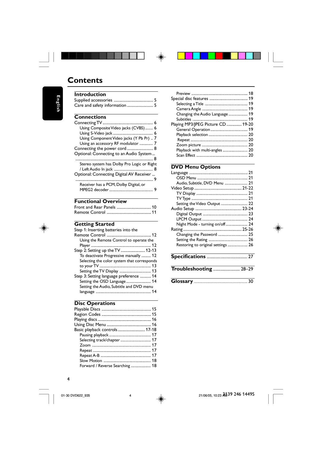 Philips DVD935, DVD622/93 user manual Contents 