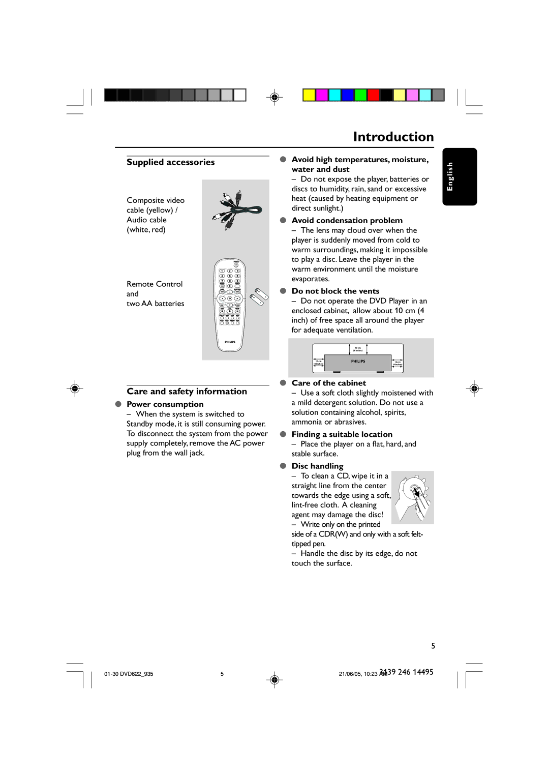 Philips DVD622/93, DVD935 user manual Introduction, Supplied accessories, Care and safety information 