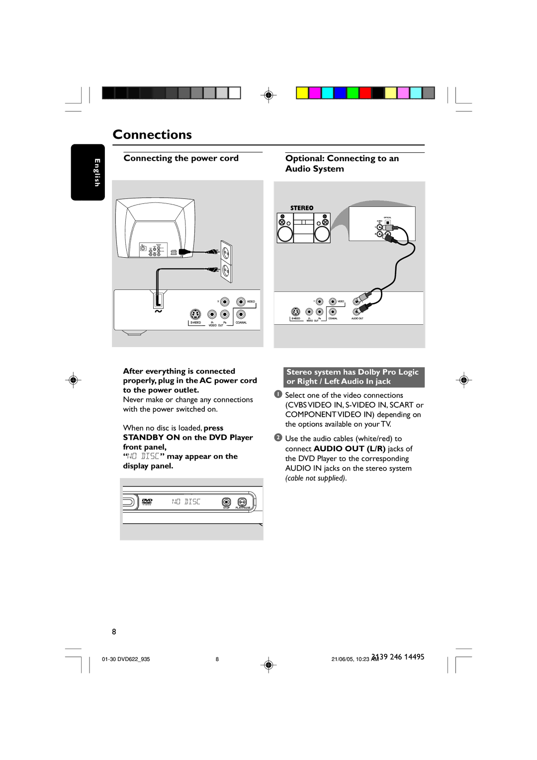 Philips DVD935 Connecting the power cord, Audio System, Optional Connecting to an, When no disc is loaded, press 