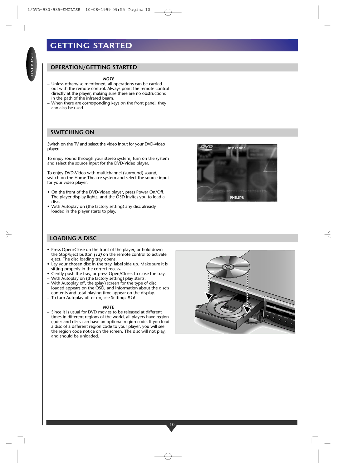 Philips DVD935/05, DVD-930 manual Getting Started, OPERATION/GETTING Started, Switching on, Loading a Disc 