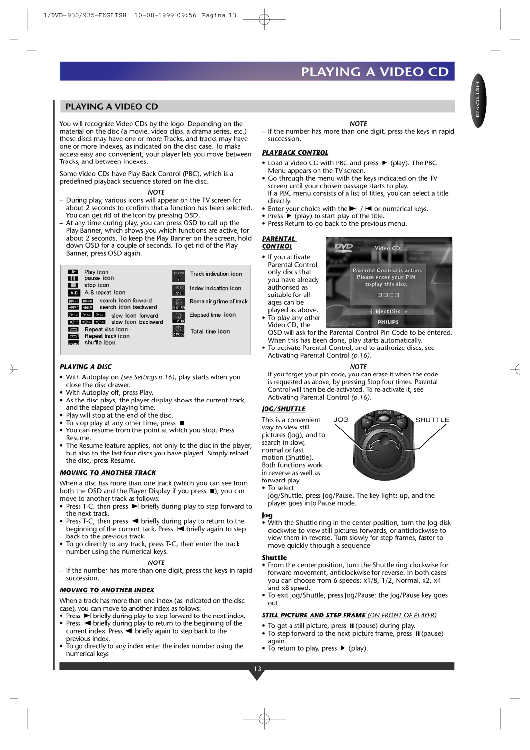 Philips DVD-930, DVD935/05 manual Playing a Video CD 