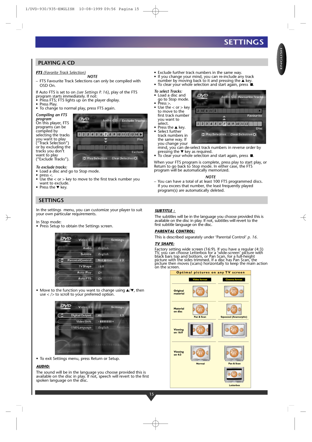 Philips DVD-930, DVD935/05 manual Settings, Audio, Subtitle, TV Shape 