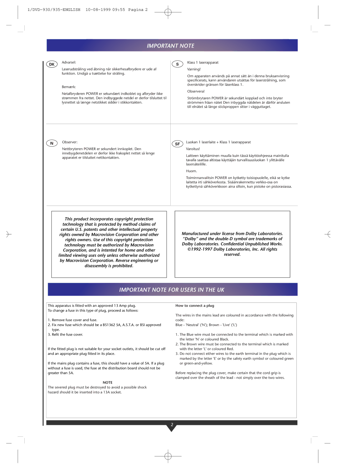 Philips DVD935/05, DVD-930 manual Important Note 