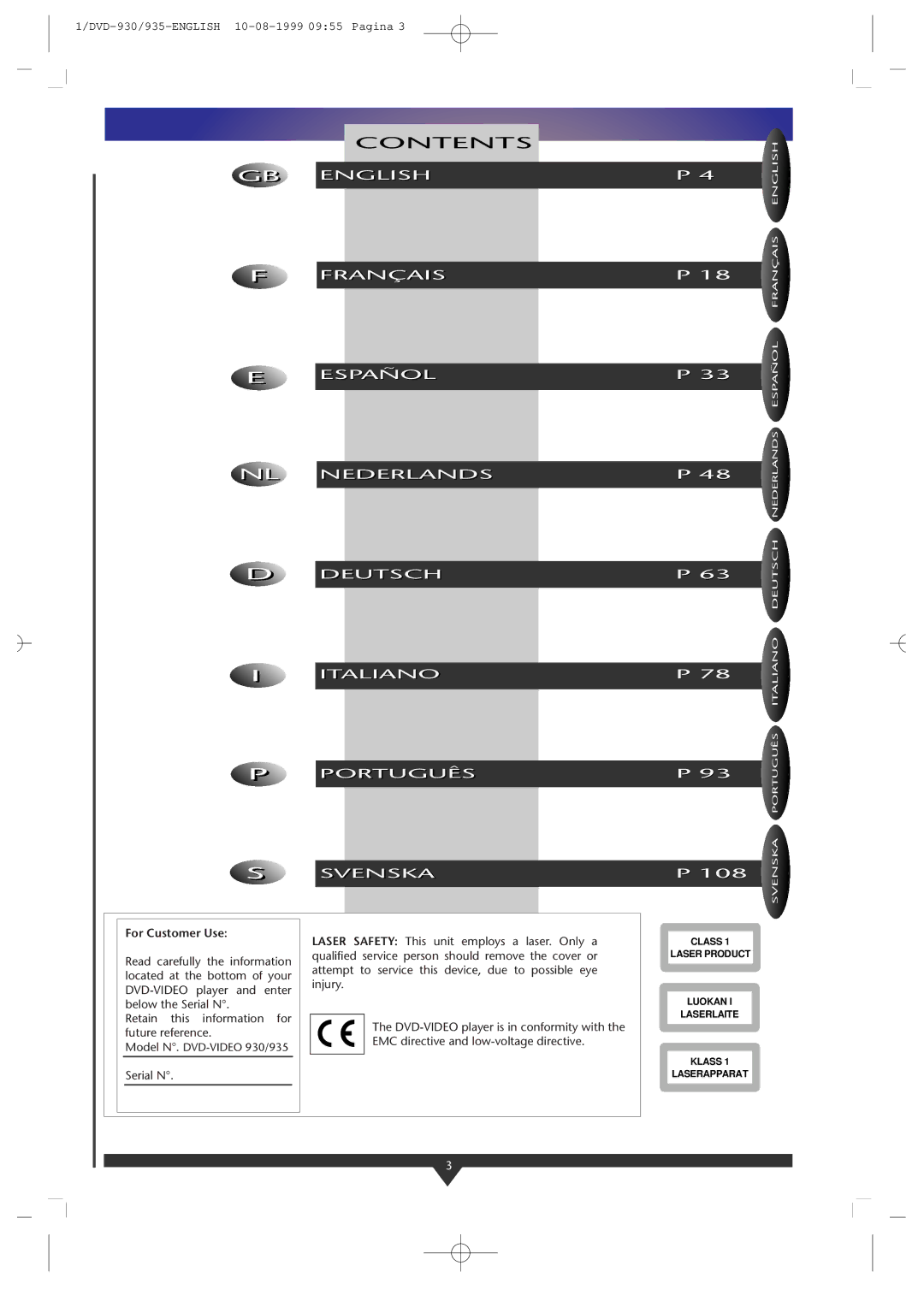 Philips DVD-930, DVD935/05 manual For Customer Use 