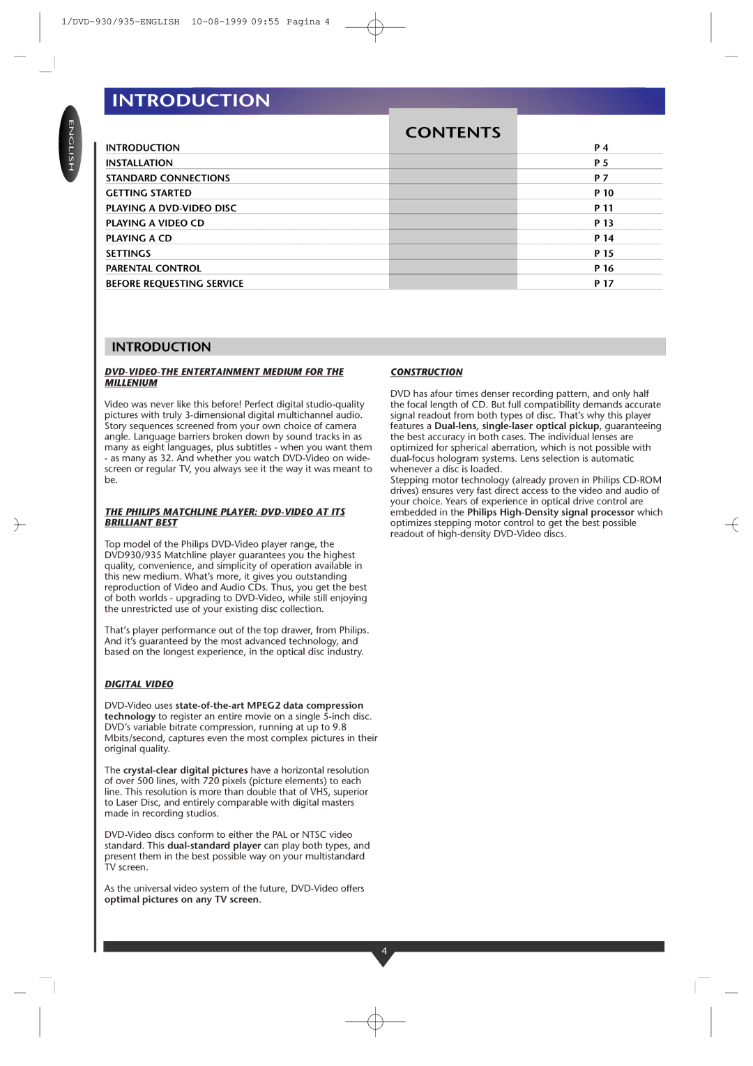 Philips DVD935/05, DVD-930 manual Introduction, Contents 
