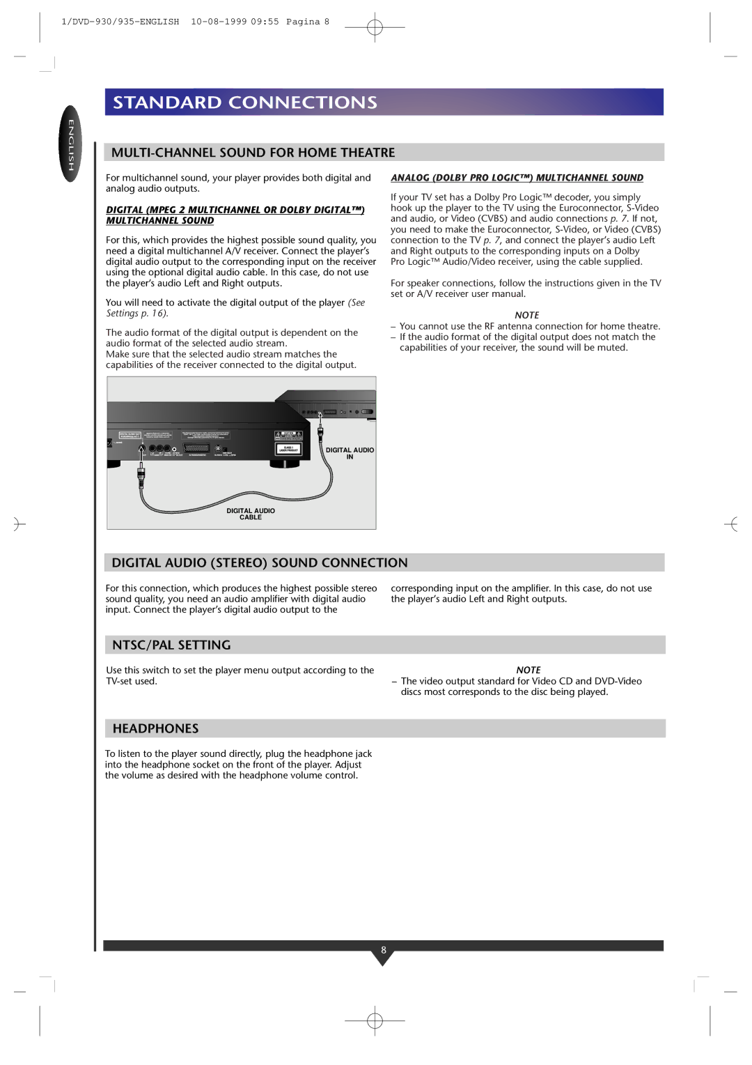 Philips DVD935/05, DVD-930 MULTI-CHANNEL Sound for Home Theatre, Digital Audio Stereo Sound Connection, NTSC/PAL Setting 