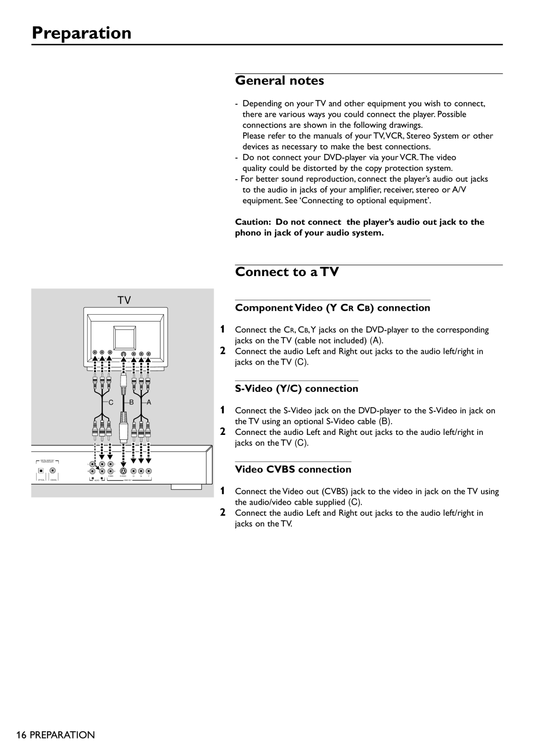 Philips DVD940 manual Preparation, General notes, Connect to a TV 