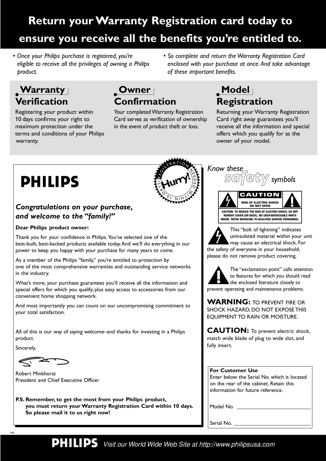 Philips DVD940 manual Dear Philips product owner, For Customer Use 