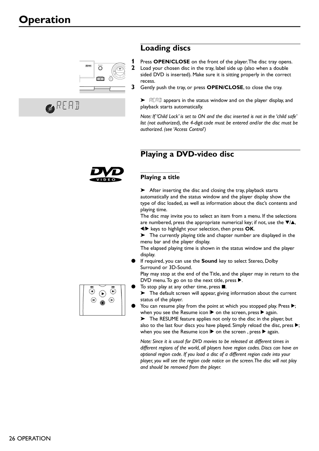 Philips DVD940 manual Operation, Loading discs, Playing a DVD-video disc, Playing a title 