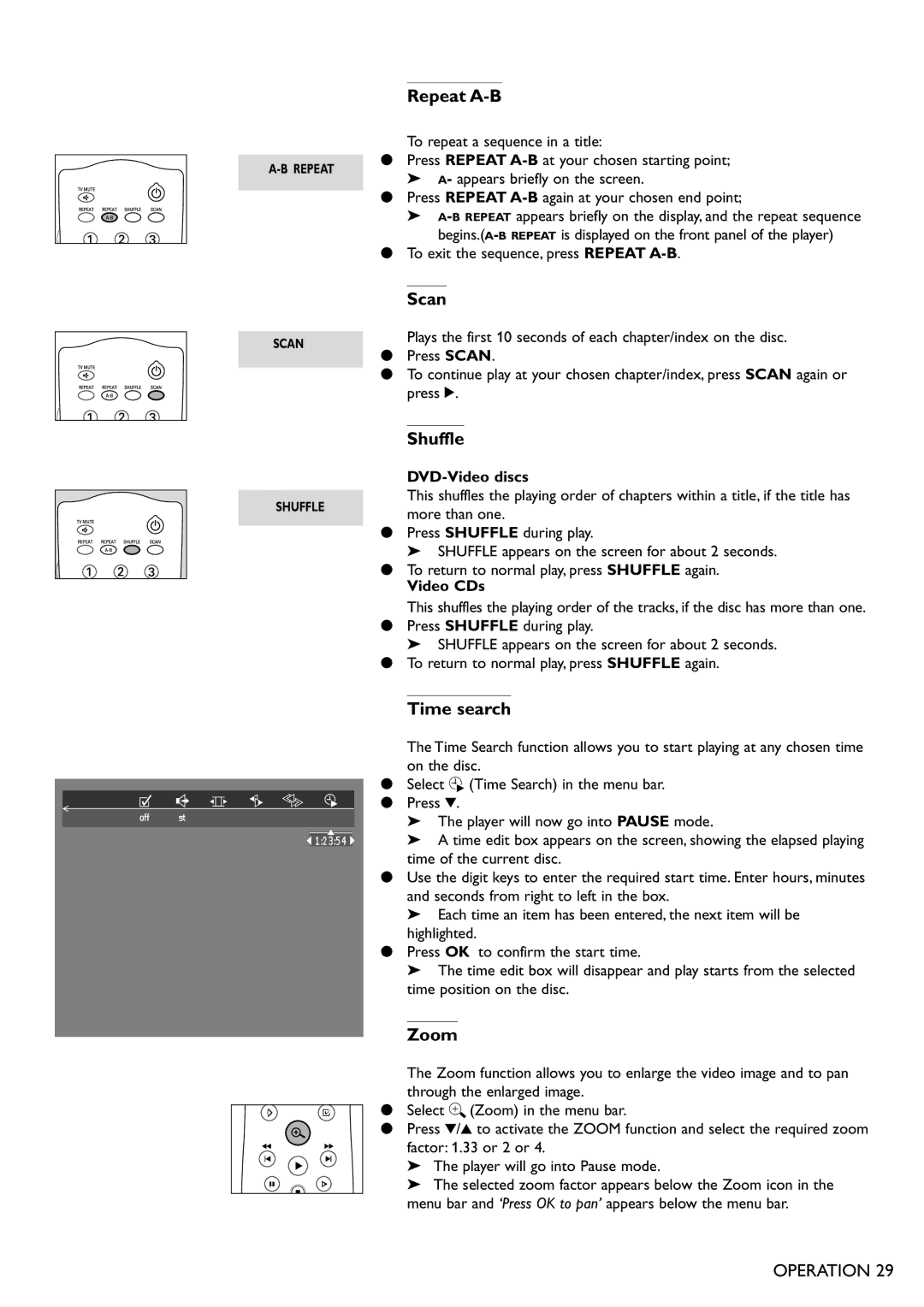 Philips DVD940 manual Repeat A-B, Scan, Shuffle, Time search, Zoom 