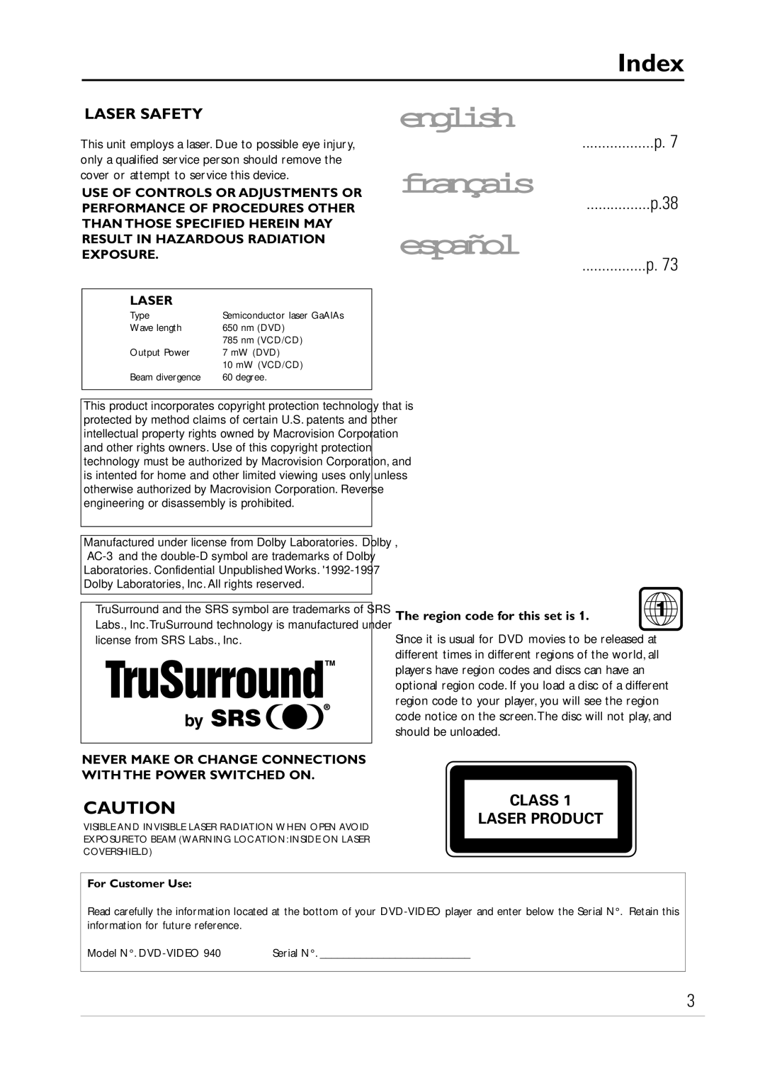 Philips DVD940 manual Index, Region code for this set is 