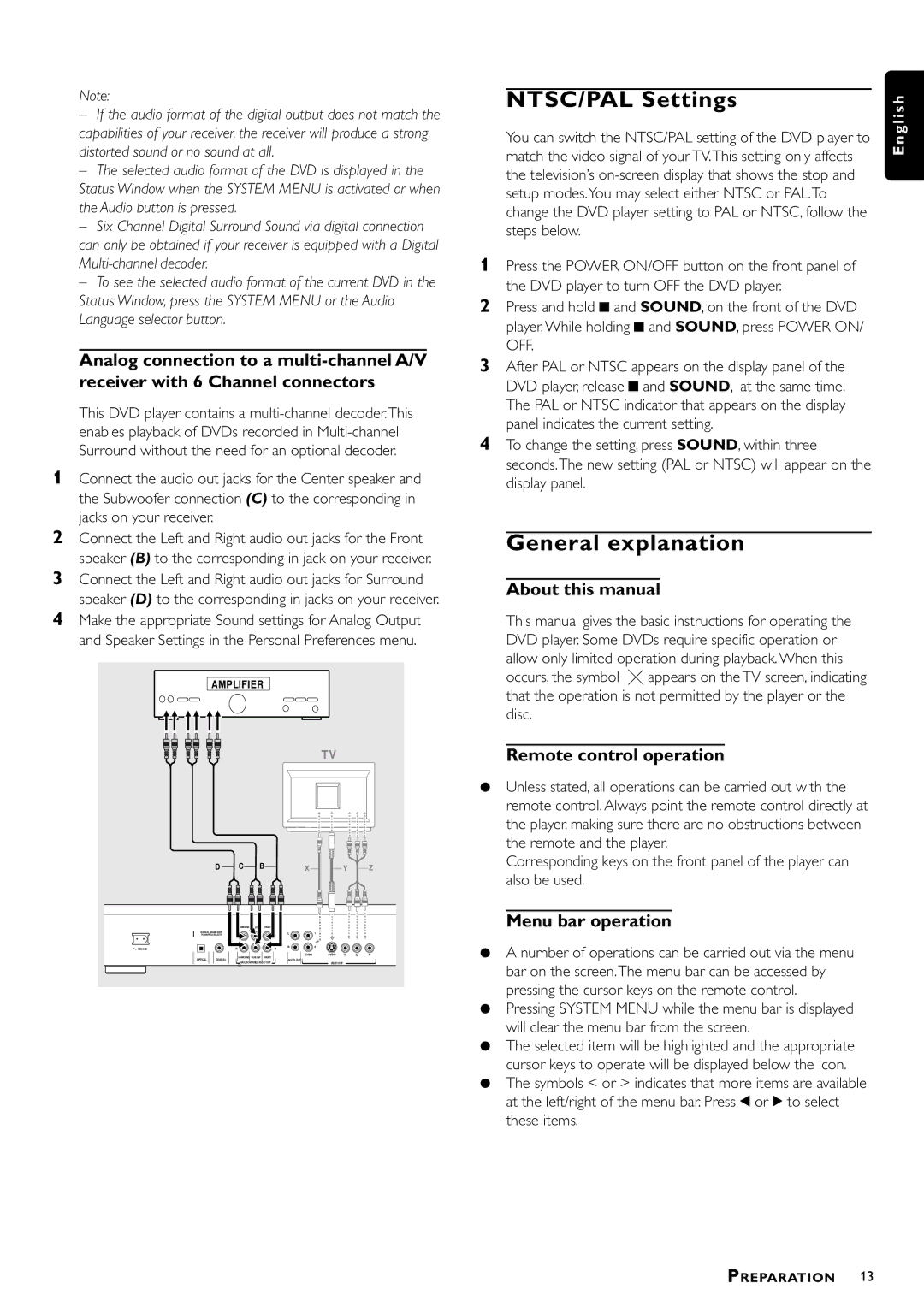 Philips DVD941 NTSC/PAL Settings, General explanation, About this manual, Remote control operation, Menu bar operation 