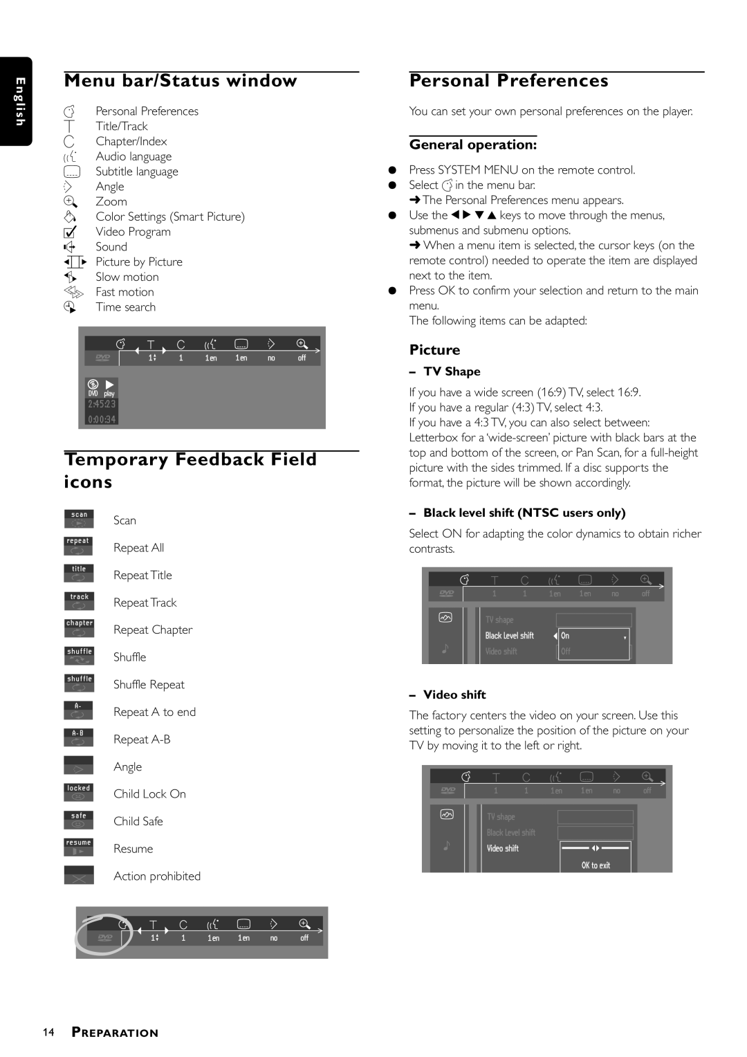 Philips DVD941 manual Menu bar/Status window, Temporary Feedback Field icons, Personal Preferences, General operation 