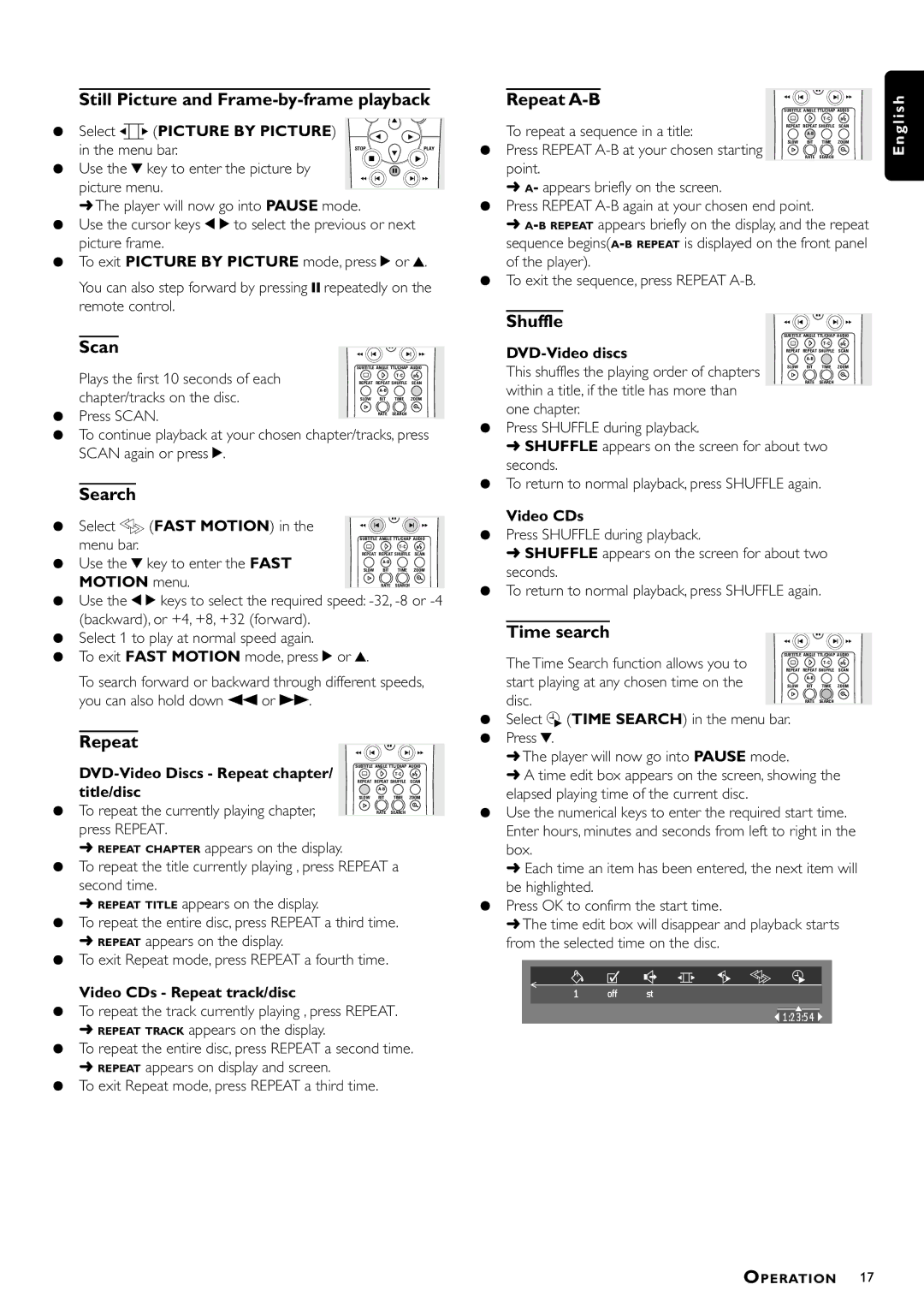 Philips DVD941 manual Still Picture and Frame-by-frame playback, Scan, Search, Repeat A-B, Shuffle, Time search 