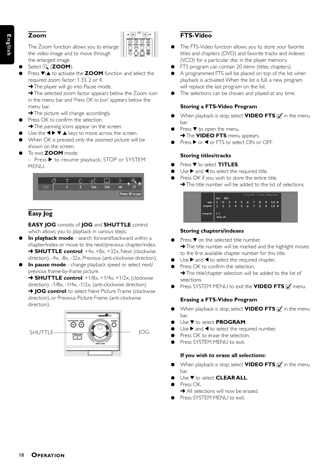 Philips DVD941 manual Zoom, Easy Jog, FTS-Video 