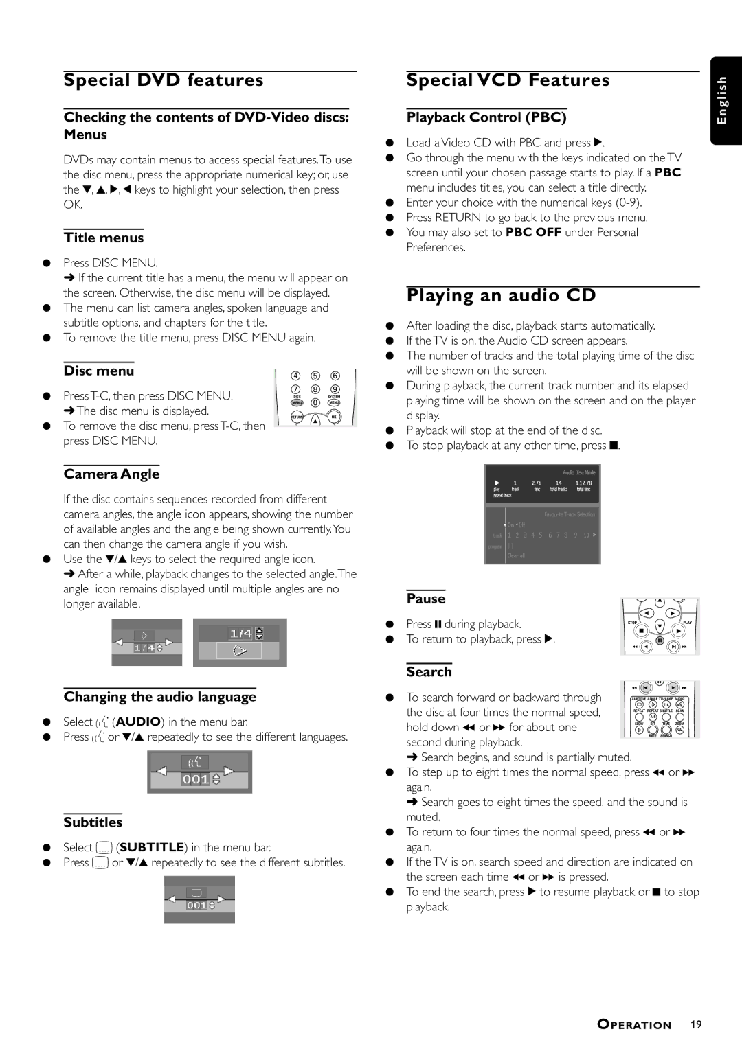 Philips DVD941 manual Special DVD features, Special VCD Features, Playing an audio CD 