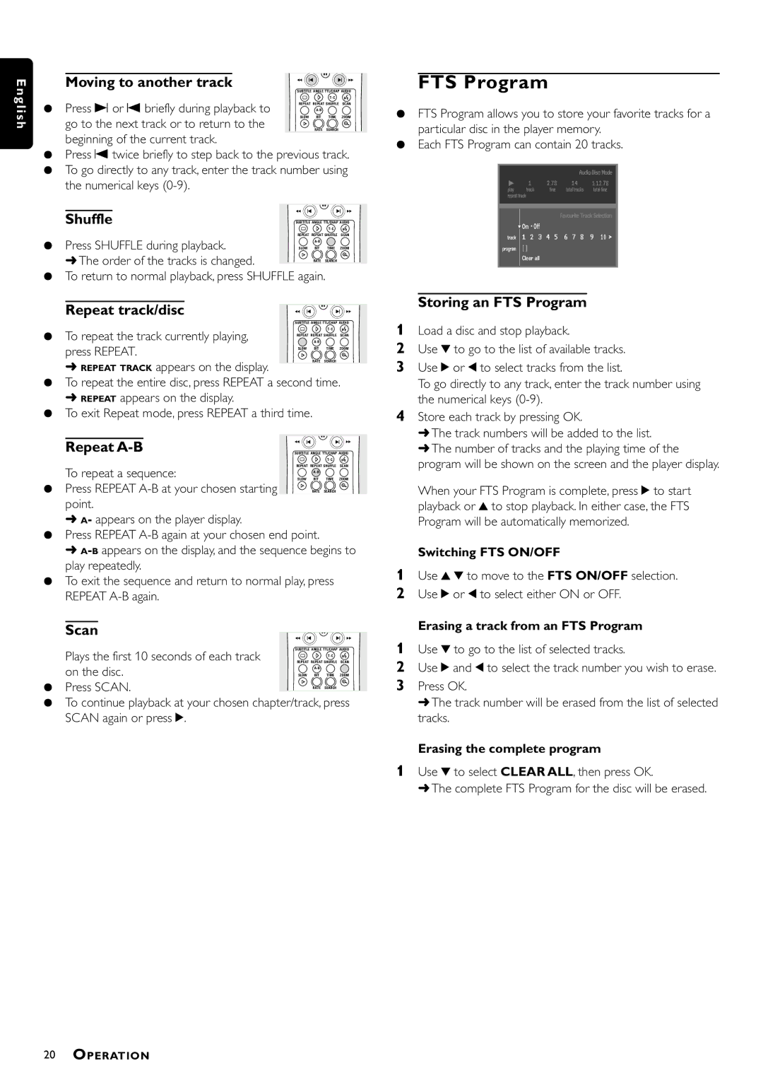 Philips DVD941 manual Moving to another track, Repeat track/disc, Storing an FTS Program 