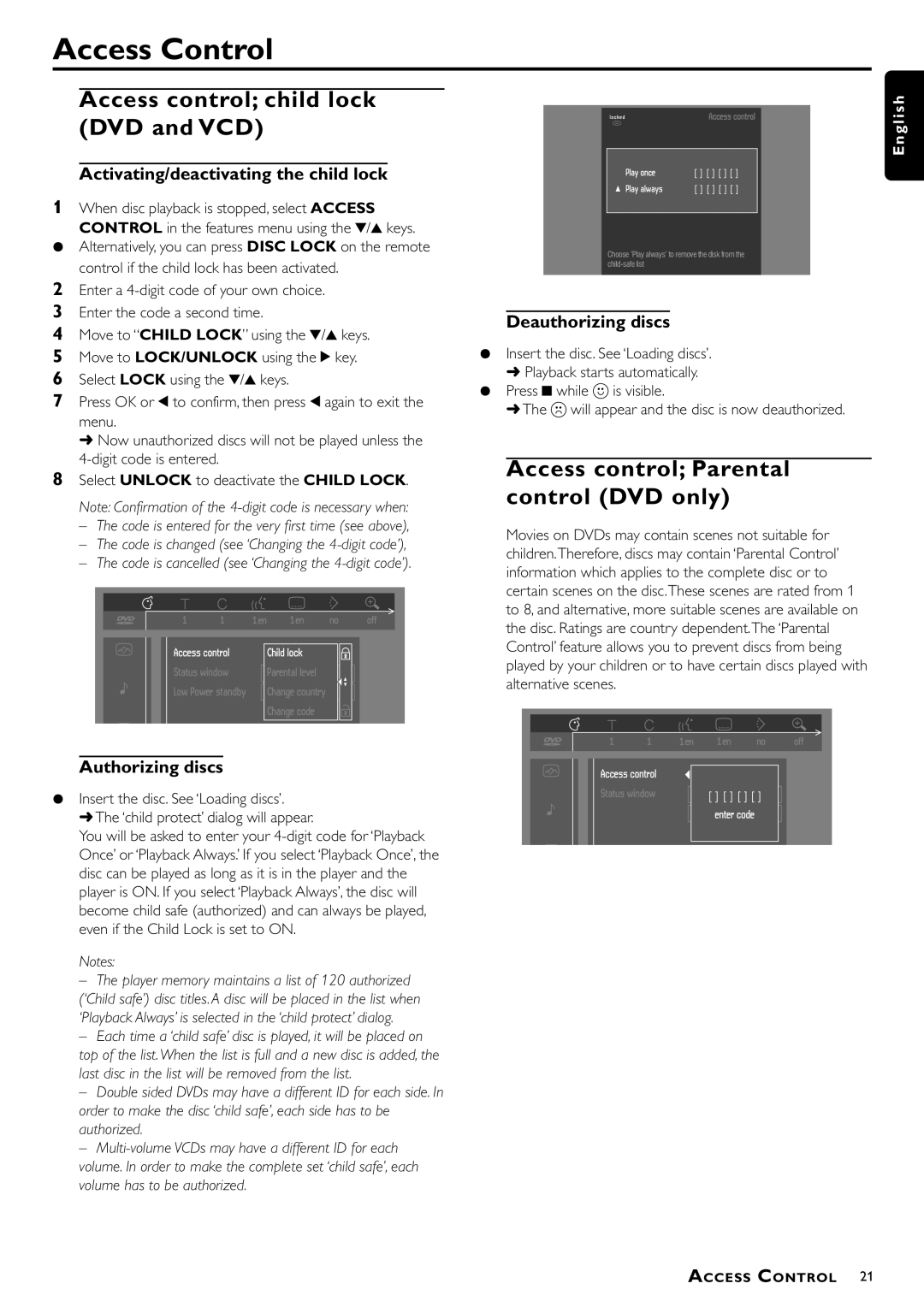 Philips DVD941 manual Access Control, Access control child lock DVD and VCD, Access control Parental control DVD only 