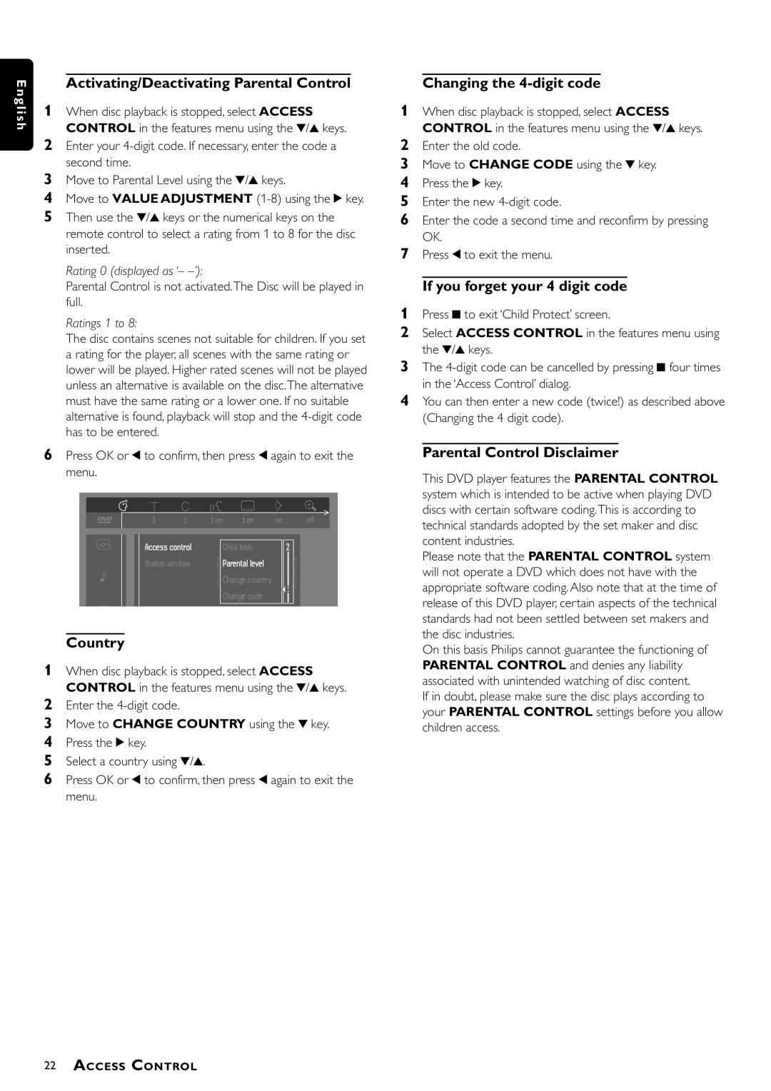 Philips DVD941 Activating/Deactivating Parental Control, Country, Changing the 4-digit code, Parental Control Disclaimer 